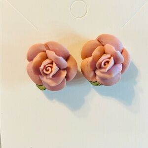 Vintage 1928 Pink Porcelain Rose Post Stud Earrings